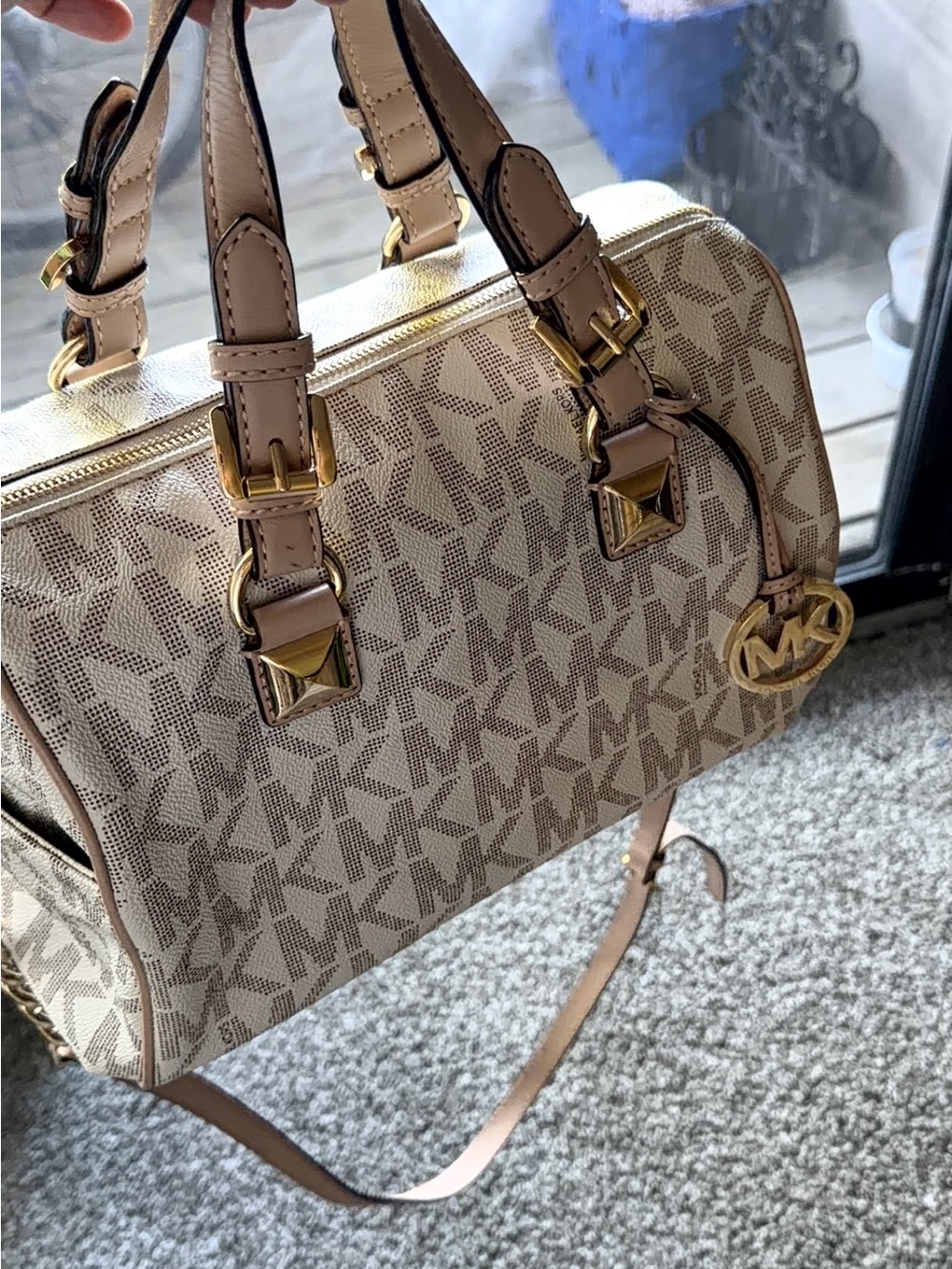 Michael Kors Beige Logo Satchel with Gold Hardware